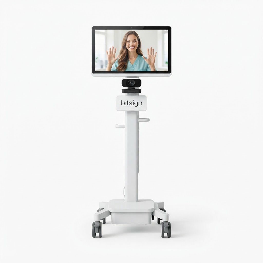 A bitsign-branded mobile telehealth cart with a screen showing a person communicating in sign language