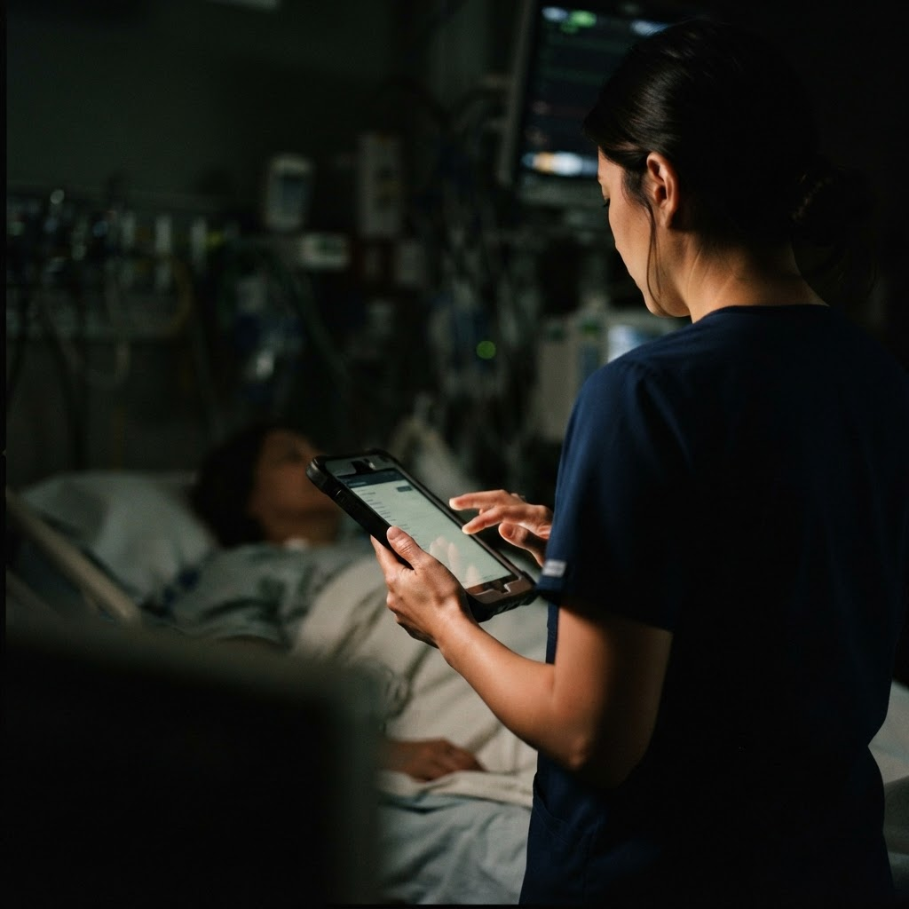 A healthcare professional using a facility tablet at an emergency department bedside at night
