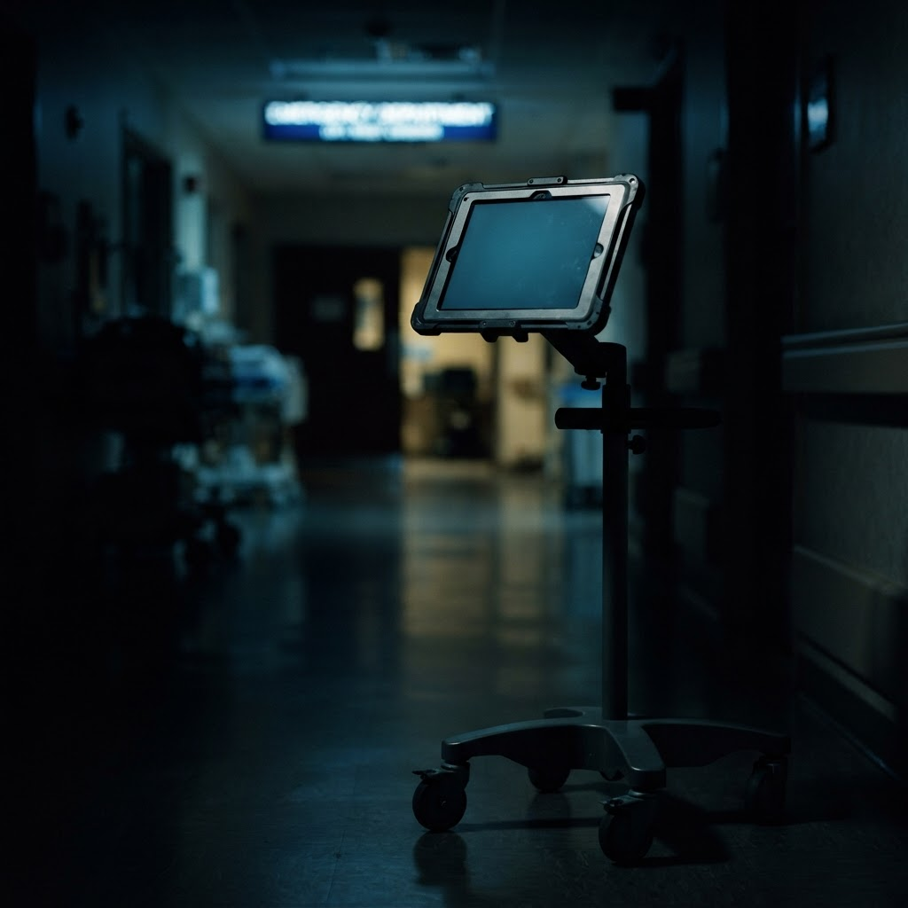 A facility-controlled tablet on a stand in a dim emergency department corridor at night