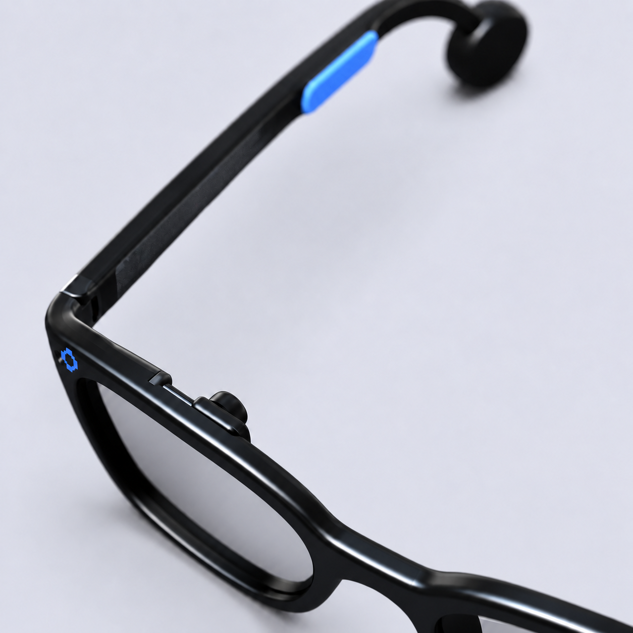 Close-up of the SignVision frame corner showing the blue pixel mark and camera module