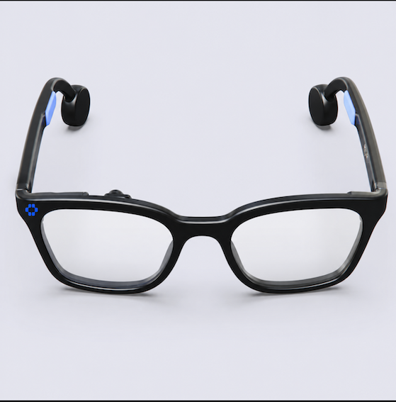 Front view of SignVision glasses with open-ear audio pods and blue temple accents