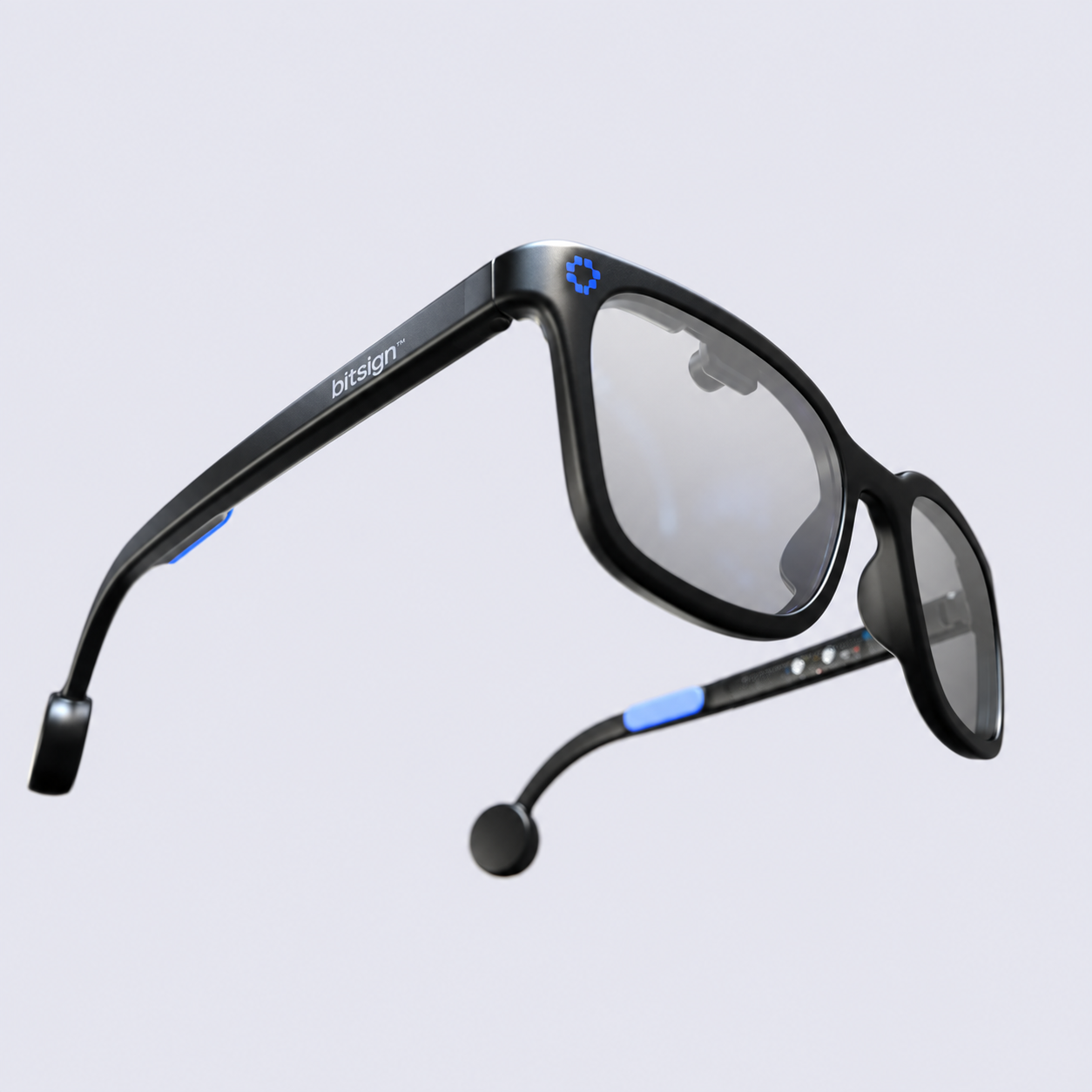 SignVision glasses floating at an angle, black frame with bitsign wordmark on the temple, blue pixel logo and blue accents